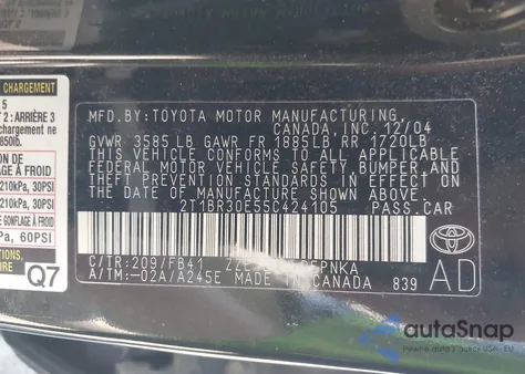 2005 Toyota Corolla Le из США, поврежденный, VIN 2T1BR30E55C424105